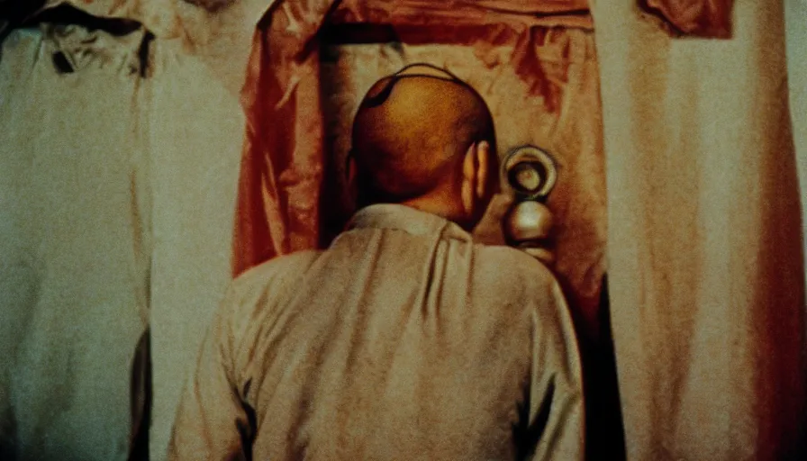 Image similar to 7 0 s film still from a horror movie about a buddhist monk, kodachrome, cinecolor, cinestill, film grain, film texture, retro, cinematic, high resolution, photorealism,