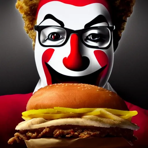 Image similar to KFC clown eating McDonald's burger