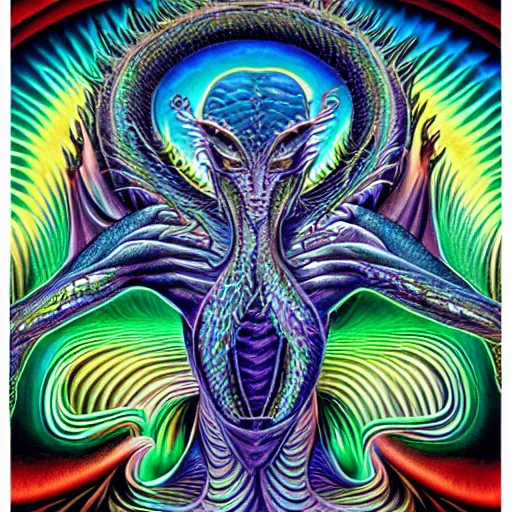 Prompt: Alex Grey art of a dragon