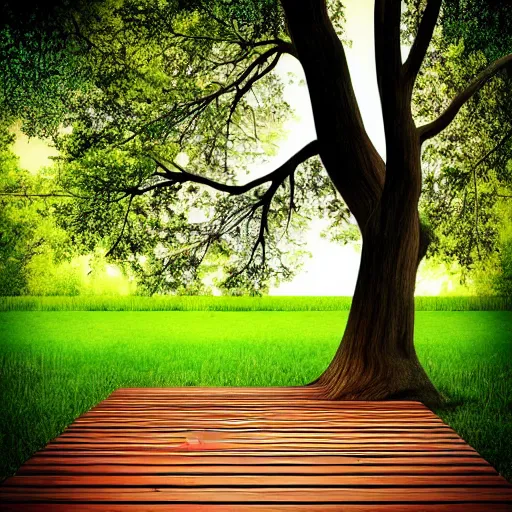 Image similar to wooden platform built around a tree, realistic, photo,