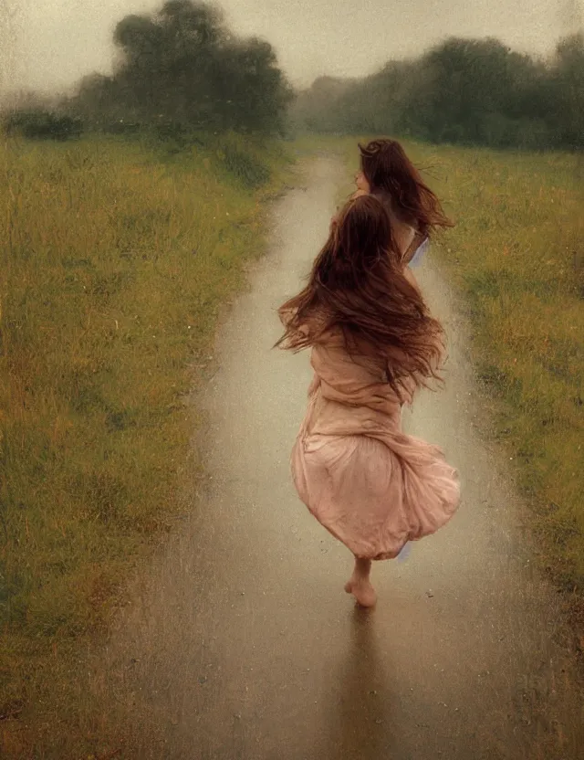 Image similar to peasant girl with long windy hair running under the rain, cottage core, cinematic focus, polaroid photo bleached vintage pastel colors high - key lighting, soft lights, foggy, by steve hanks, by lisa yuskavage, by serov valentin, by tarkovsky, 8 k render, detailed, oil on canvas