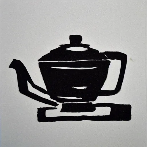 Prompt: teapot, block print, simple stylized, black ink on white paper