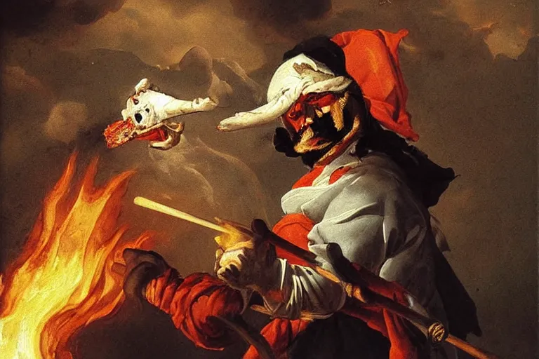 Image similar to a highly detailed menacing painting of pulcinella!!! from naples with a pizza!! and lots of fire, a volcano and dark smoke, an ultrafine painting by giovanni domenico tiepolo, dramatic lighting, trending on deviantart, sharp focus, octane, masterpiece