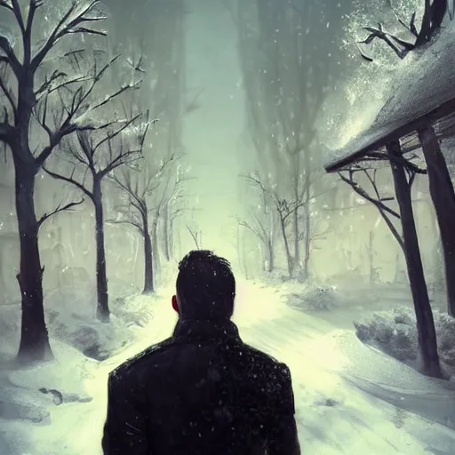 Image similar to by alexander trufanov by artgerm by simon stalenhag snow - covered man from back pacing lowering head to empty narrow alley with street lamps in park with pines to the horizon, dressed in short leather bomber jacket, with hands in pockets, snowfall at night, mullet long haircut, black hairs, cinematic, dramatic, detailed, realistic, movie shot, low lighting