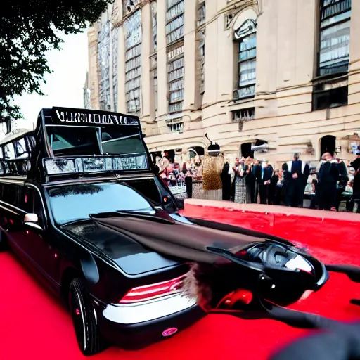 Prompt: a wide shot from a low angle of a chicken dressed in a suit stepping out of a limo and onto a red carpet