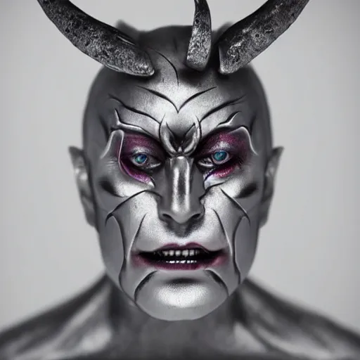 Image similar to a demon inspired by silver created by the make up artist hungry, photographed by andrew thomas huang, cinematic, expensive visual effects