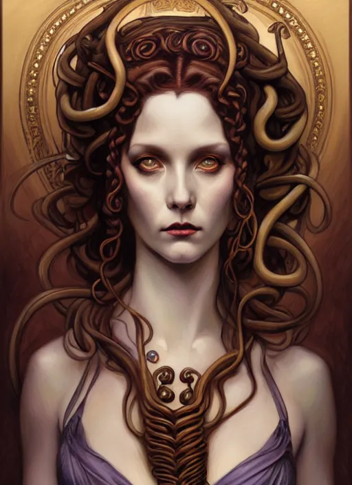 Prompt: an art nouveau, medusa portrait in the style of charlie bowater, and in the style of donato giancola, and in the style of charles dulac. very large, clear, expressive, intelligent eyes. symmetrical, centered, ultrasharp focus, dramatic lighting, photorealistic digital painting, intricate ultra detailed background.