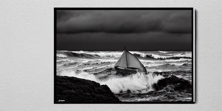 Image similar to a black and white photo of a stormy ocean with a single small boat in the waves, an album cover by raoul de keyser, trending on behance, optical illusion, cosmic horror, concert poster, poster art, geometric, noise