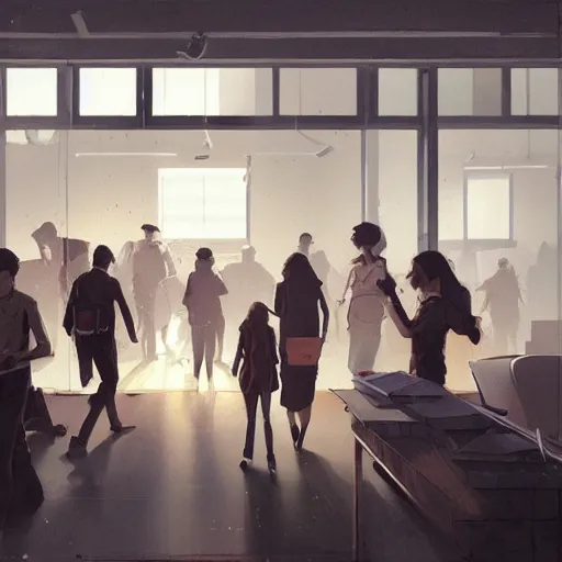 Image similar to human people walking among employee in an office, highly detailed,, artstation hd, deviantart, by madgwick,, greg rutkowski, artgerm, takato yomamoto, ilya kuvshinov, ross tran, conrad roset