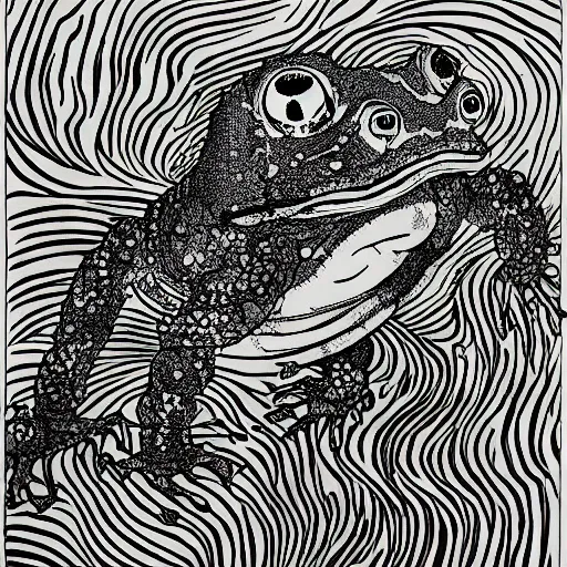 Image similar to deep camouflage angry toad evil eyes poking out eyes from under the water ultra sharp blur background simple background psychedelic contour ink drawing gustave dore katshushika Hokusai big eyes