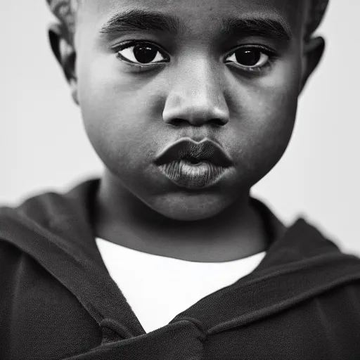 Image similar to the face of young kanye west wearing yeezy clothing at 6 years old, black and white portrait by julia cameron, chiaroscuro lighting, shallow depth of field, 8 0 mm, f 1. 8