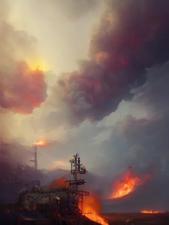 Image similar to photo of 8k ultra realistic oilfield on fire, ,heavy clouds, smoke, full of colour, cinematic lighting, battered, trending on artstation, 4k, hyperrealistic, focused, extreme details,unreal engine 5, cinematic, masterpiece, art by Peter Mohrbacher