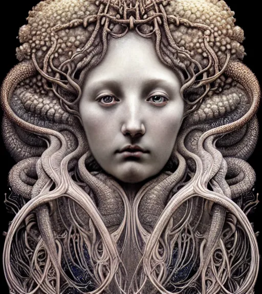 Image similar to detailed realistic beautiful mist goddess face portrait by jean delville, gustave dore, iris van herpen and marco mazzoni, art forms of nature by ernst haeckel, art nouveau, symbolist, visionary, gothic, neo - gothic, pre - raphaelite, fractal lace, intricate alien botanicals, ai biodiversity, surreality, hyperdetailed ultrasharp octane render