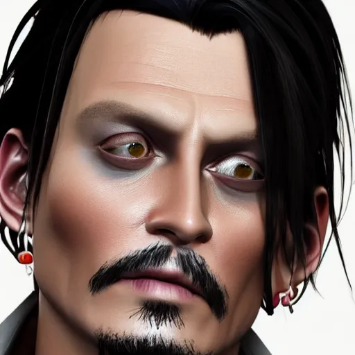 Image similar to hyperdetailed 3 d cartoon render of cartoon johnny depp in a confident expressive pose, cartoon eyes!!!!! friendly!!!! cute, exaggarated facial features, cute cartoon style, white background, low angle shot, cinematic studio lighting, studio quality, octane render, unreal engine 5, trending on artstation, art by sebastian jm, 8 k