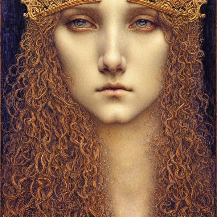 Image similar to detailed realistic beautiful young medieval queen face portrait by jean delville, gustave dore and marco mazzoni, art nouveau, symbolist, visionary, gothic, pre - raphaelite. horizontal symmetry