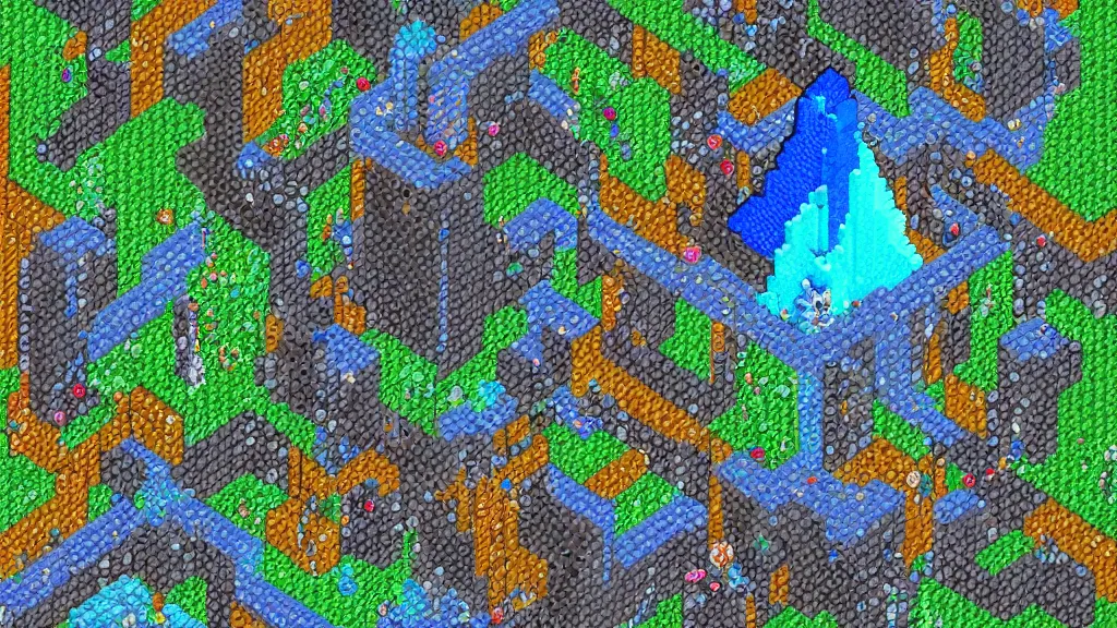 Image similar to Aerial view of a wizard tower surrounded by different kinds of gem mines and ominous caves, pixel art, colored