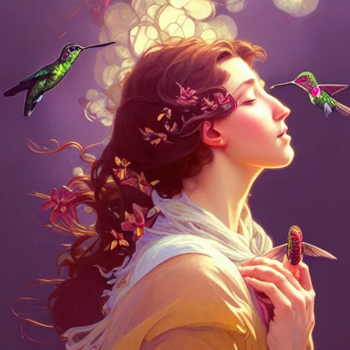 Image similar to Portrait of a girl exhaling smoke being surrounded by hummingbirds, face, fantasy, intricate, elegant, highly detailed, digital painting, artstation, concept art, smooth, sharp focus, illustration, art by Fernanda Suarez and Artem Demura and alphonse mucha