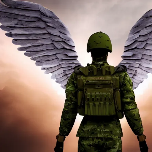 Image similar to soldier with wings as angel defending city, night time, only green colours, green, green palette, sad, chill, fantastic, 4 k, 8 k, super detailed, hyper realistic