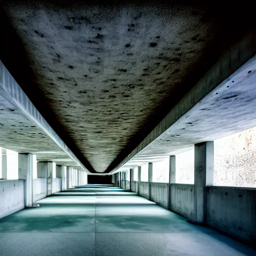 Image similar to noisy color photograph of a concrete underground retrofuturist liminal space, sky made of ceiling panels, staggered terraces, centered palm tree growing out of concrete, hidden area, unknown space, minimalist, cinematic, soft vintage glow