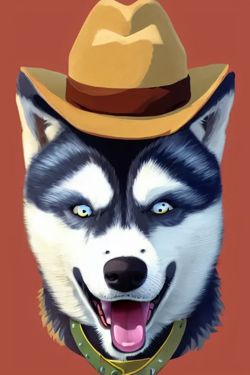 Image similar to a portrait painting of a husky in cowboy costume, wearing a cowboy hat, by studio ghibli, in the style of anime, [ red dead ], [ western film ], humanoid, personify, anthropomorphic, trending on artstation