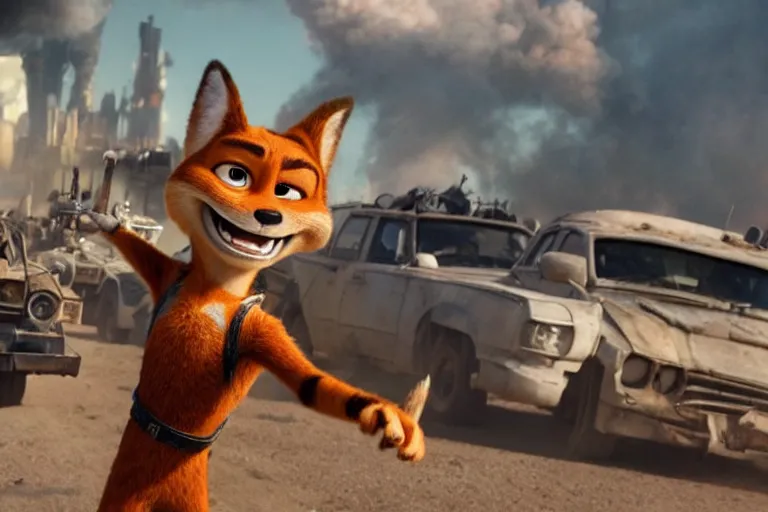 Image similar to nick wilde ( from zootopia ), heavily armed and armored facing down armageddon in a dark and gritty reboot from the makers of mad max : fury road : witness me