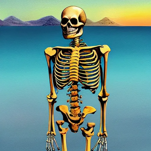 Image similar to Beautiful digital painting portrait of relaxed (((skeleton walking on the tropical beach))) with nuclear bomb explosion in the background!!!, by James Gurney, high quality, trending on Artstation, aesthetic lightning, anatomically correct skeleton, high coherence, blue sky