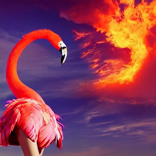 Image similar to a goddess wearing a flamingo fashion up there, on fire, photoshop, colossal, creative and cool, giant, digital art, city, photo manipulation, clouds