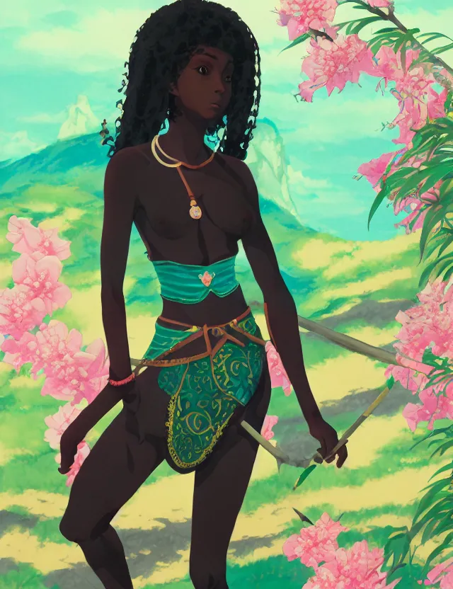 Prompt: black - skinned princess of the azalea mountains. this gouache painting by the award - winning mangaka has an interesting color scheme, plenty of details and impeccable lighting.