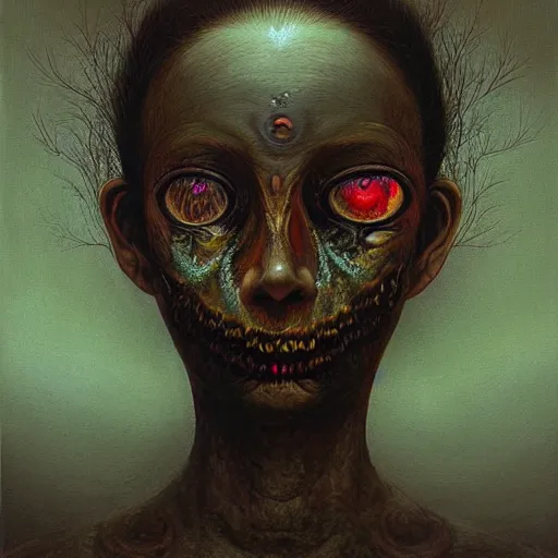 Image similar to dramatic portrait painting of woman with large crying eyes with black mandelbrot fractal instead of face, in style of zdzisław beksinski, horror, body horror, dark, disturbing,