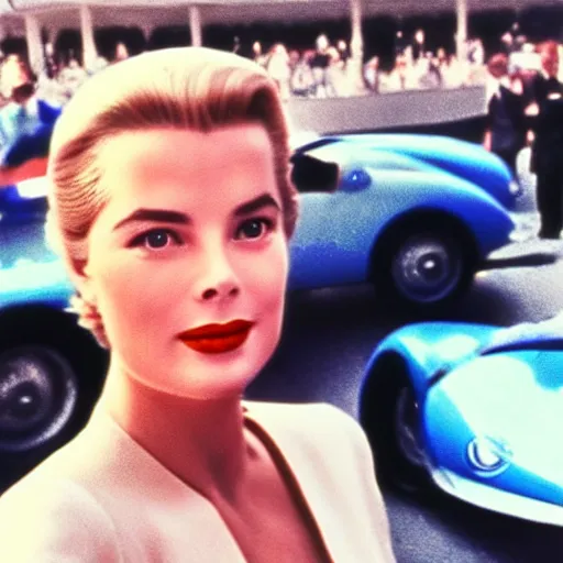 Image similar to selfie smartphone photo of a young Grace Kelly at the Monaco Gran Prix, F1 cars blurred in background, iphone photo, smartphone resolution, trending on instagram, influencer photography