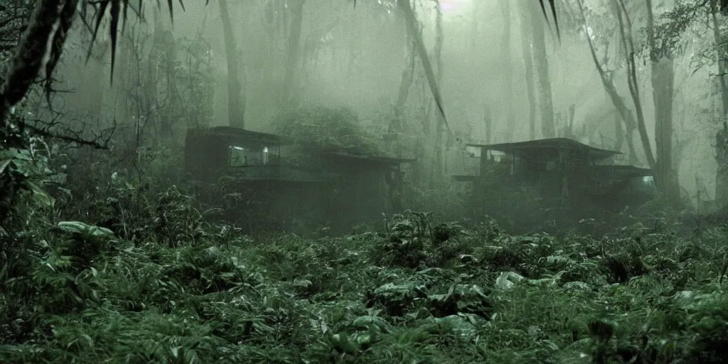 Prompt: film still of a dark research outpost in a moist foggy jungle, science fiction, ridley scott, lights through fog, futuristic outpost building, wet lush jungle landscape, dark sci - fi, 1 9 8 0 s, ridley scott