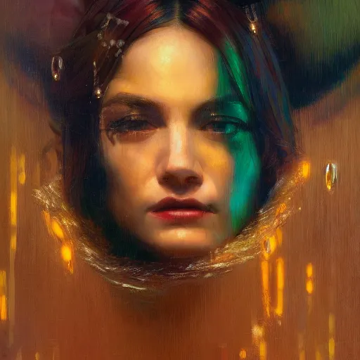 Image similar to detailed face of a woman clothed wrapped in textiles, lush, opulent, fauna, utopian, tech noir, wet reflections, prism, atmospheric, ambient, pj crook, syd mead, livia prima, artgerm, greg rutkowski, nick alm, casey baugh