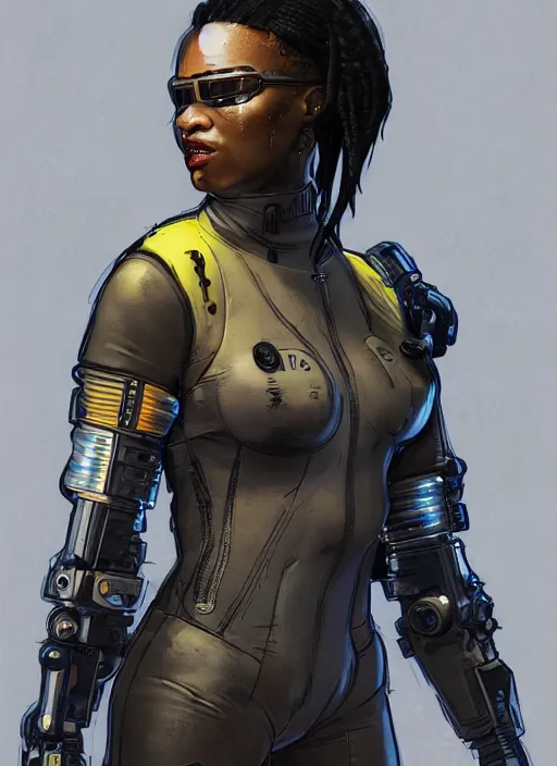 Image similar to sonya igwe. cyberpunk mercenary in tactical harness and jumpsuit. dystopian. portrait by stonehouse and mœbius and will eisner and gil elvgren and pixar. realistic proportions. cyberpunk 2 0 7 7, apex, blade runner 2 0 4 9 concept art. cel shading. attractive face. thick lines. moody industrial setting.