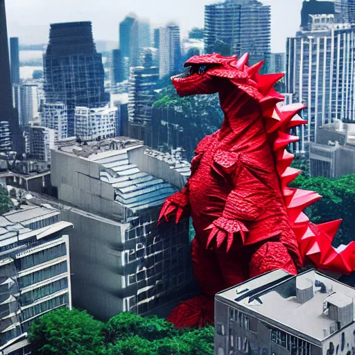 Prompt: origami giant godzilla, tearing through a city, birds eye view