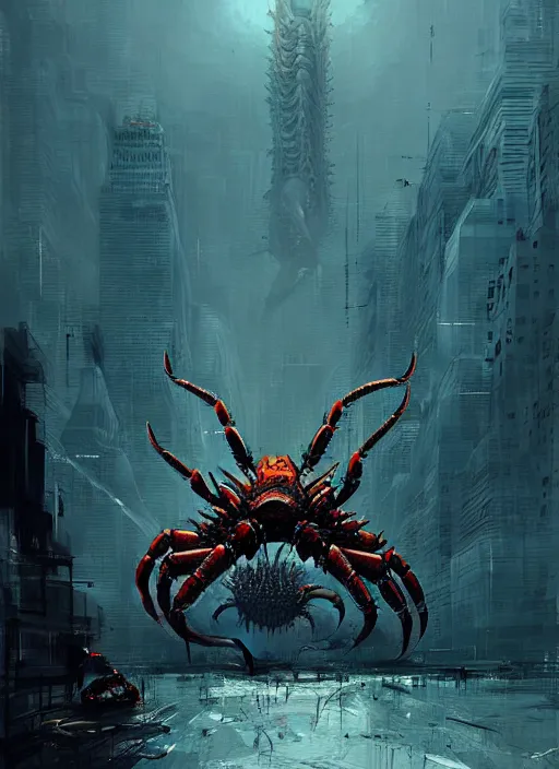 Prompt: horror art, crab kaiju attacks ny, art by ismail inceoglu