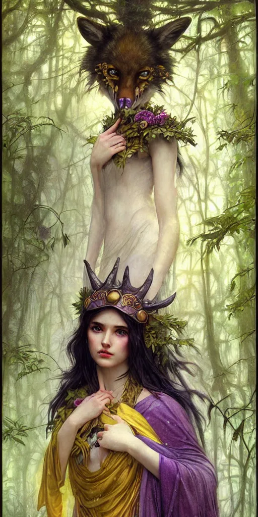 Image similar to hyper realistic Princess Mononoke in her mask, lush rainy forest landscape, wolves, magic, castle, jewels, style of tom bagshaw, mucha, james gurney, norman rockwell, gems and gold, waterfalls, denoised, sharp, yellow purple colours,