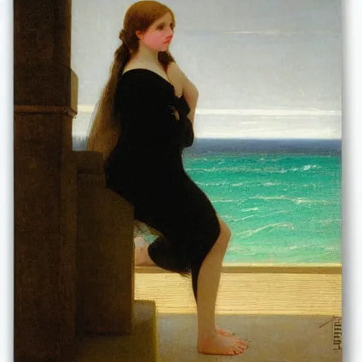 Image similar to A girl on the front of a Balustrade with a beach on the background by paul delaroche