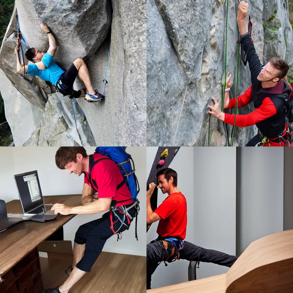 Prompt: A man with climbing gear climbs a desk like a mountaineer