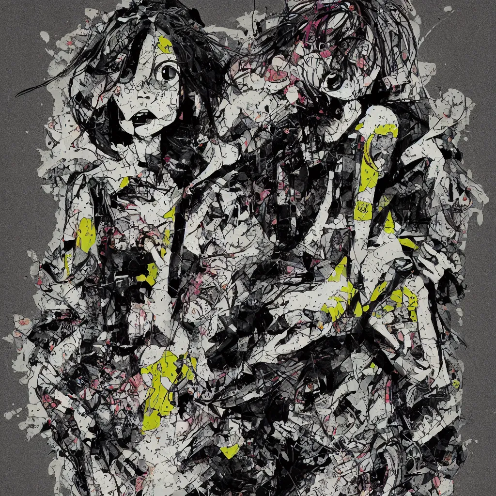 Image similar to girl figure, abstract, jet set radio artwork, ryuta ueda artwork, cryptic, rips, spots, asymmetry, stipple, lines, glitches, color tearing, pitch bending, stripes, dark, ominous, eerie, hearts, minimal, points, otomo katsuhiro artwork, technical, natsumi mukai artwrok, folds