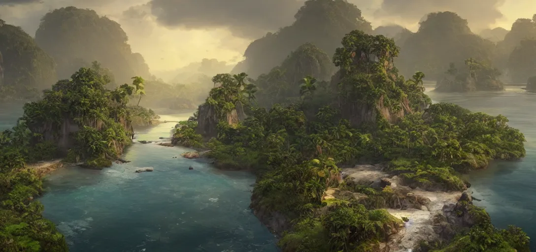 Prompt: beautiful render of an island world, unreal engine, temple ruins, first light, jungle, rivers, bridges, rainforest, vines, trees, rocky outcroppings, ocean, serene sunsets, soft light, by greg rutkowski, cgsociety