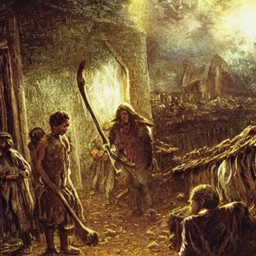 Image similar to jean francois millet as slum neighborhood on lord of the ring, random content position, realistic human face details with, emotion, environment contents detail, incrinate, delete duplicated content, rgb color