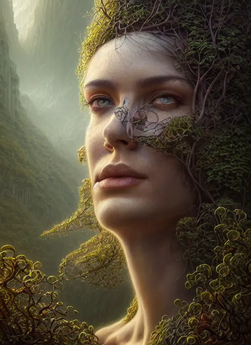 Image similar to closeup portrait shot of a connection with nature in a scenic dystopian environment, intricate, elegant, highly detailed, centered, digital painting, artstation, concept art, smooth, sharp focus, illustration, artgerm, tomasz alen kopera, peter mohrbacher, donato giancola, joseph christian leyendecker, wlop, boris vallejo