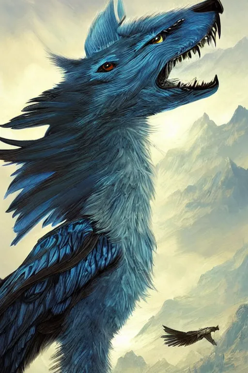 Image similar to blue feathered wolf with wings on a beautiful fantasy landscape, hills, mountains, moonlit, hd, illustration, epic, d & d, fantasy, intricate, elegant, highly detailed, digital painting, artstation, concept art, smooth, sharp focus, illustration, wallpaper, art by artgerm and greg rutkowski and alphonse mucha and jin xiaodi