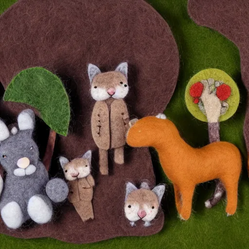 Image similar to high - res photograph of a felt sculpture diorama with cute fluffy forest critters, highly detailed sculpey diorama, forest setting, waterfall backdrop, realistic materials, wood, felt, cloth, burlap, smooth, sharp foccus, commercial product photography,