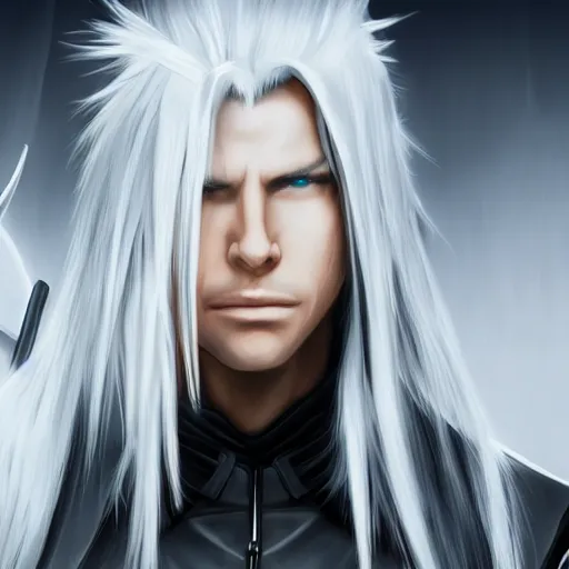 Image similar to Sephiroth from Final Fantasy, epic lighting, realistic, futuristic, symmetrical, wallpaper, distinct lines, trending on artstation