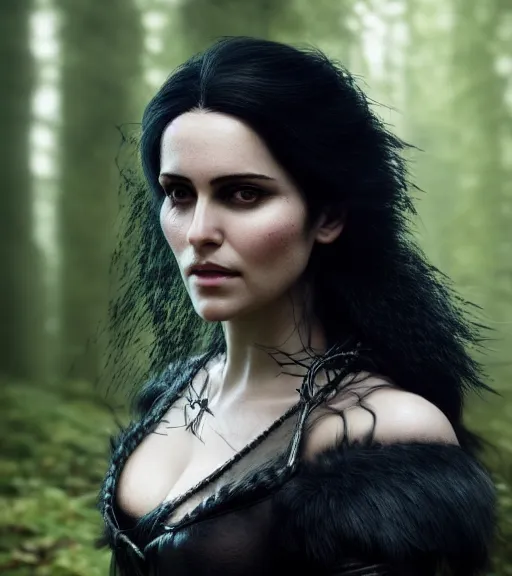 Image similar to 5 5 mm close up portrait photo of anya chalotra as yennefer of vengerberg in black leather armor and long black fluff hair, in a forest. magical atmosphere. art by greg rutkowski. lifelike. very detailed 8 k. intricate. soft light. nikon d 8 5 0.