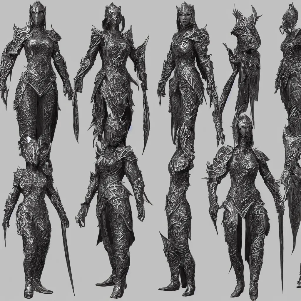 Image similar to concept layout of 3 d rendered full suit of decorative female armor, filigree, lord of the rings, elder scrolls, detailed, art station, unreal engine