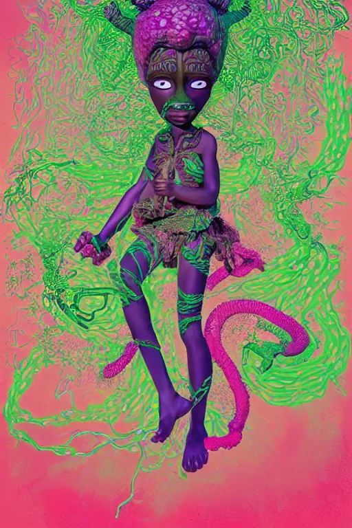 Prompt: epic 3 d osumare, trans african deity, liquid hands and feet spinning, 2 0 mm, with green and pink vines melting smoothly into asymmetrical snakes and rainbows, liquid, delicate, intricate, houdini sidefx, trending on artstation, by jeremy mann and ilya kuvshinov, jamie hewlett and ayami kojima