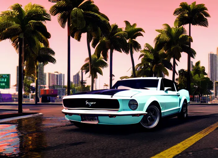 Image similar to still next - gen ps 5 game grand theft auto 6 2 0 2 4 remaster, graphics mods, rain, red sunset, people, rtx reflections, gta vi, miami, palms and miami buildings, photorealistic screenshot, unreal engine, 4 k, 5 0 mm bokeh, close - up ford mustang, gta vice city remastered, artstation