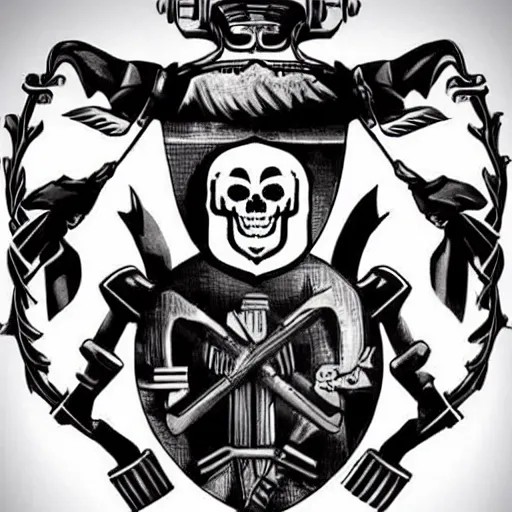 Image similar to an old coat of arms in a 1930s retro futurism style, with bones annd skulls